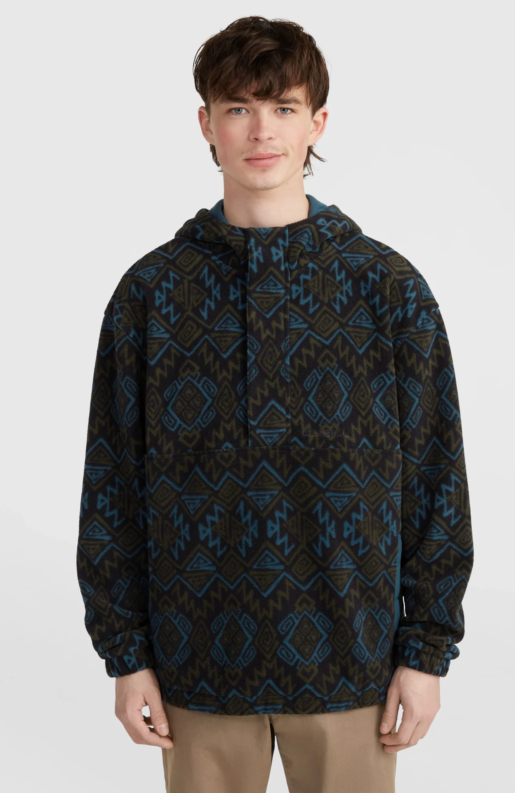 Superfleece hoodie met halve rits | Black Retro Ikat - Afbeelding 2