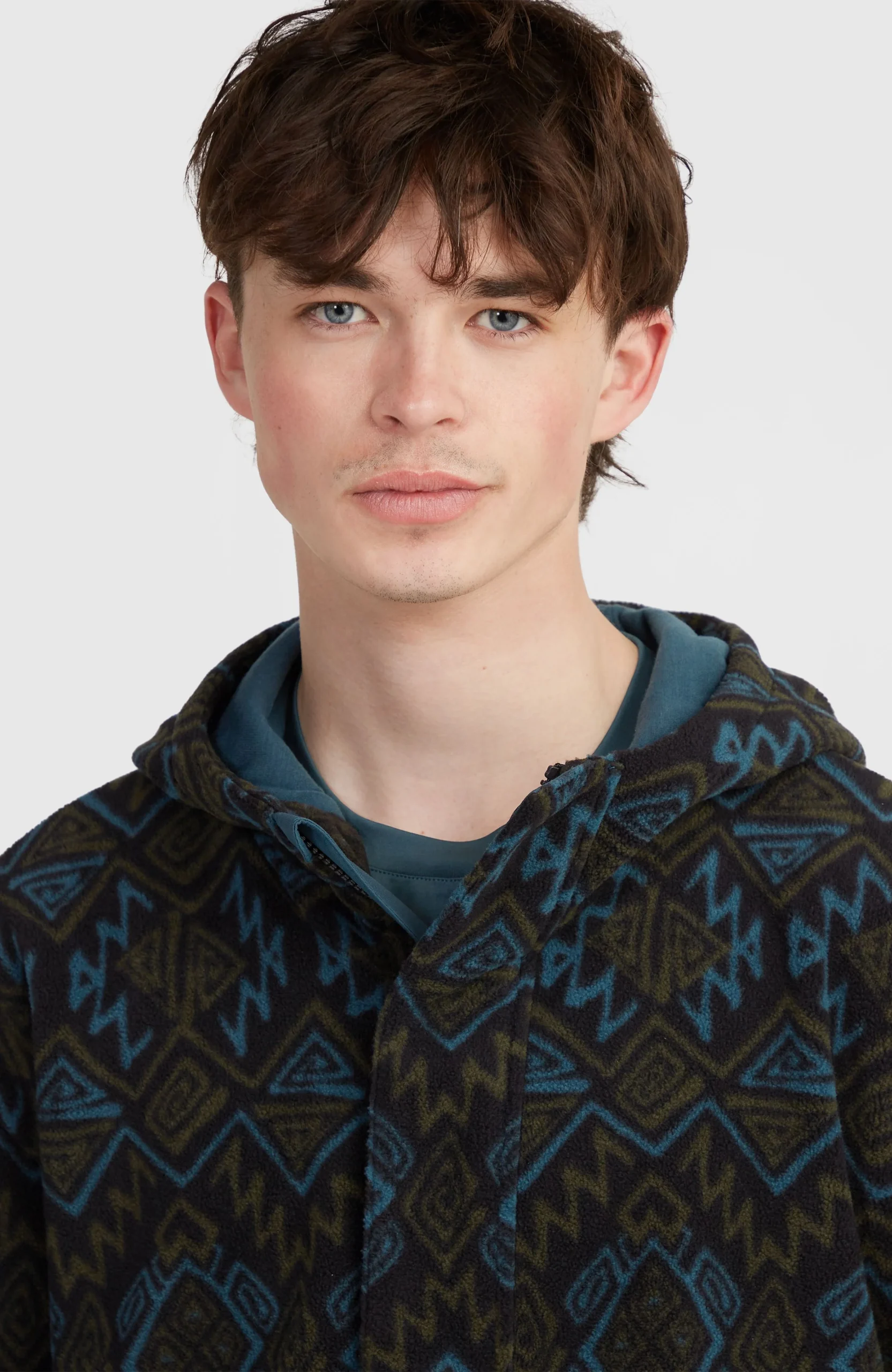 Superfleece hoodie met halve rits | Black Retro Ikat - Afbeelding 4