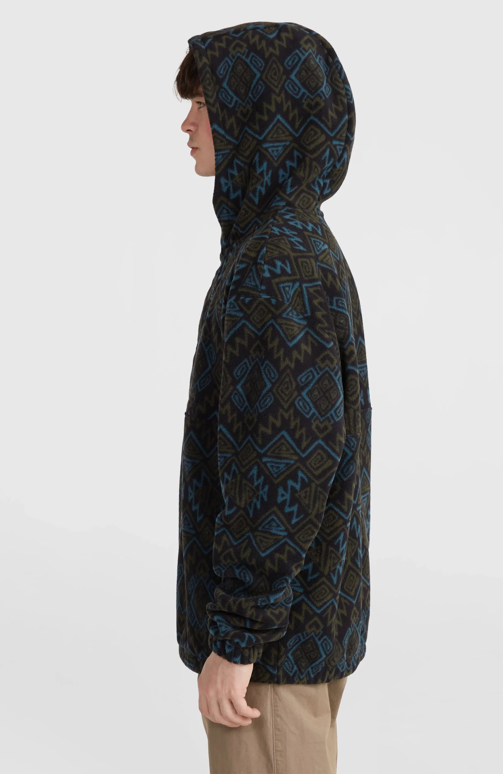 Superfleece hoodie met halve rits | Black Retro Ikat - Afbeelding 5