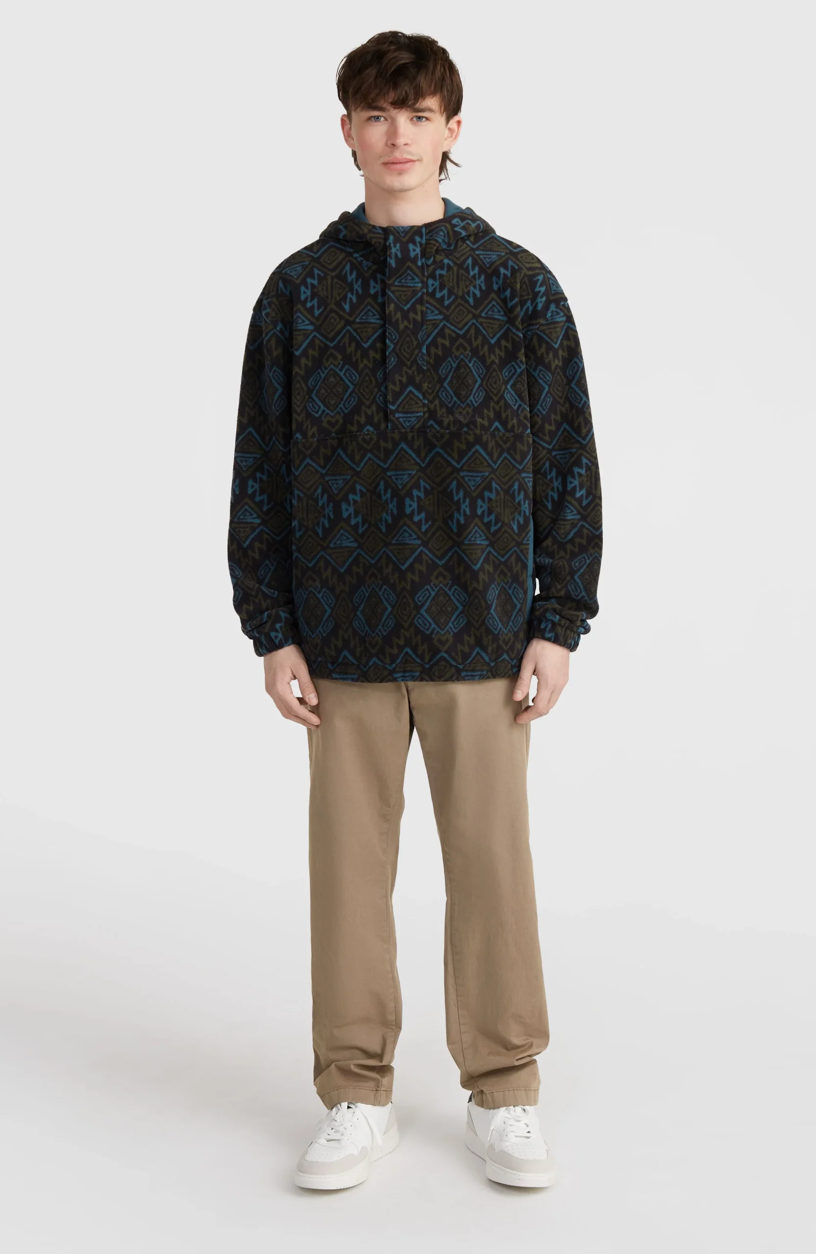 Superfleece hoodie met halve rits | Black Retro Ikat - Afbeelding 7