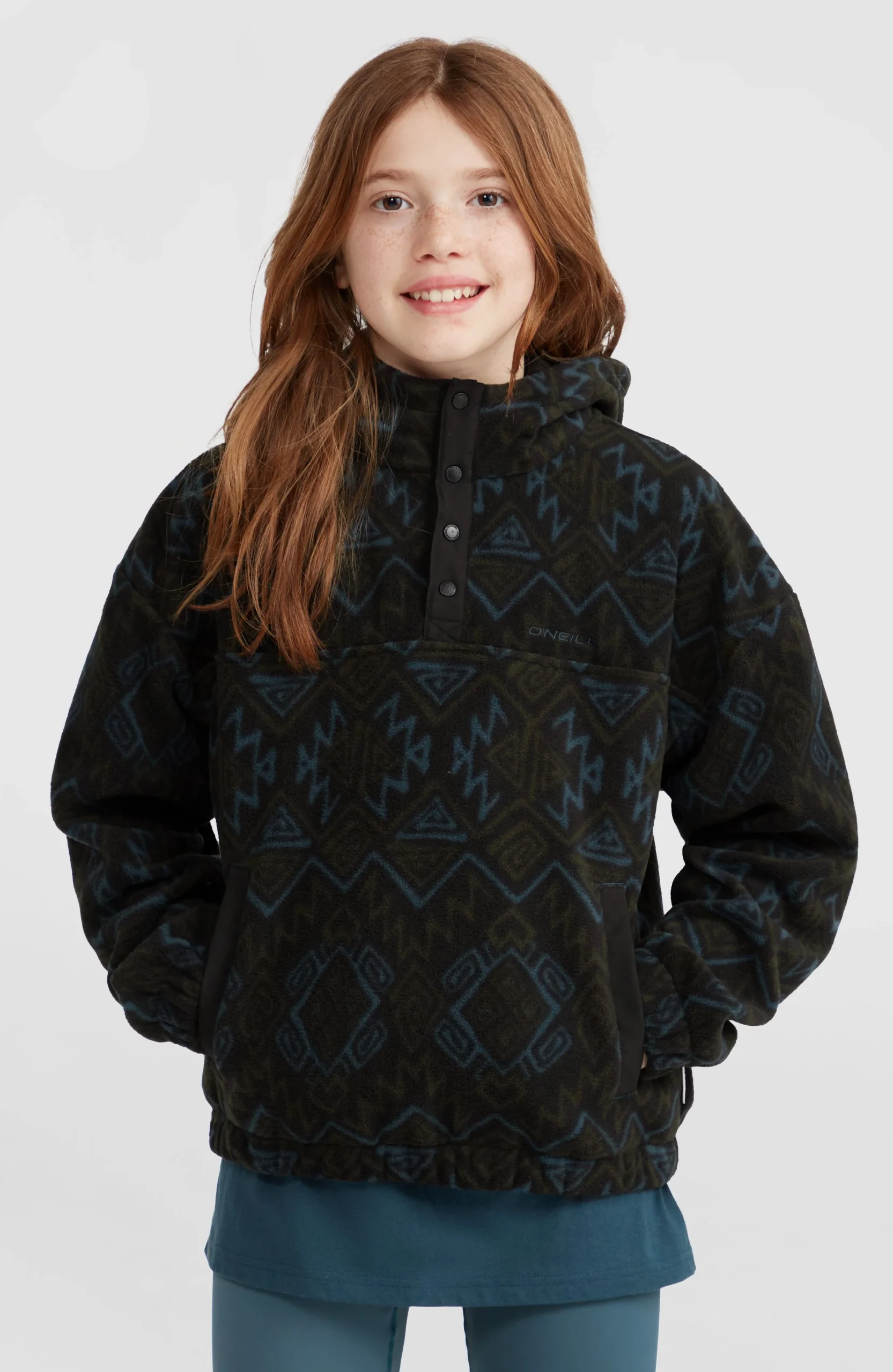 Superfleece hoodie met halve rits | Black Retro Ikat - Afbeelding 2