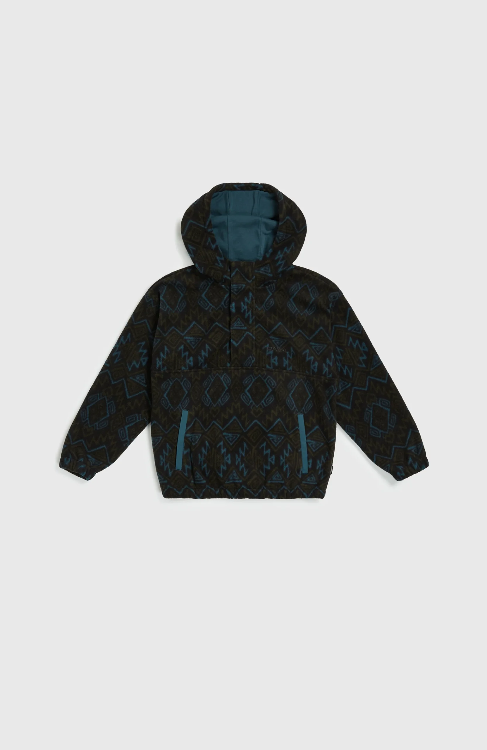 Superfleece hoodie met halve rits | Black Retro Ikat